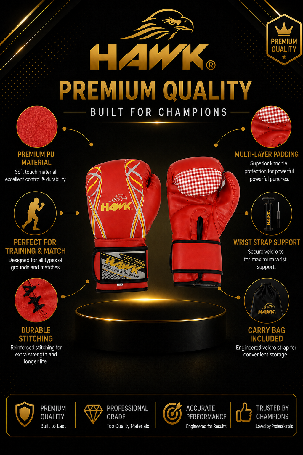 HAWK® Professional Boxing Gloves – Kickboxing & Punching Bag Training Gloves